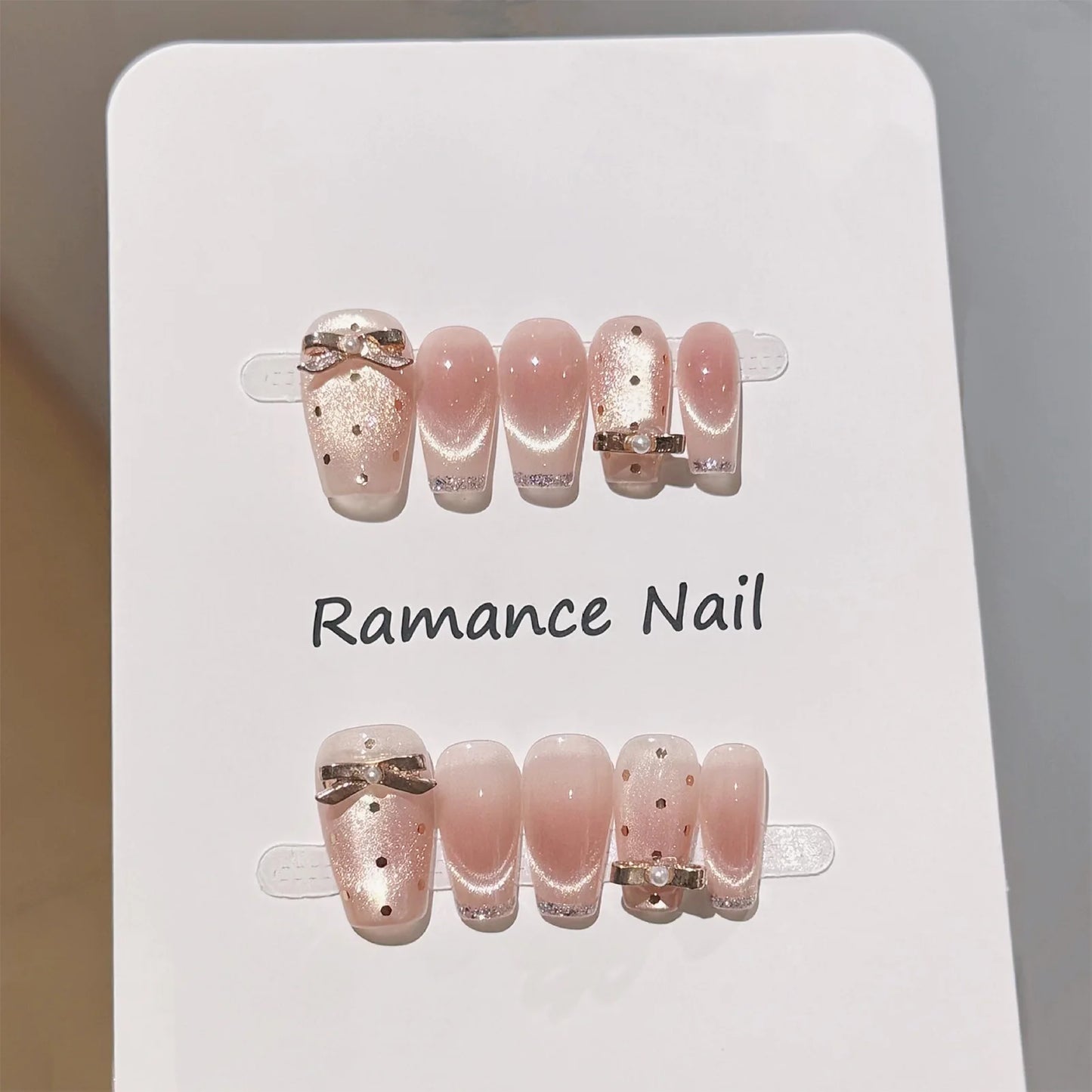 10PCS Handmade Cat's Eye Fake Nails Wearable Glitter French Tip Press on Nails 3D Metal Bow Decor Ballet False Nails Detachable Peaceful Pleasures Health and Wellness