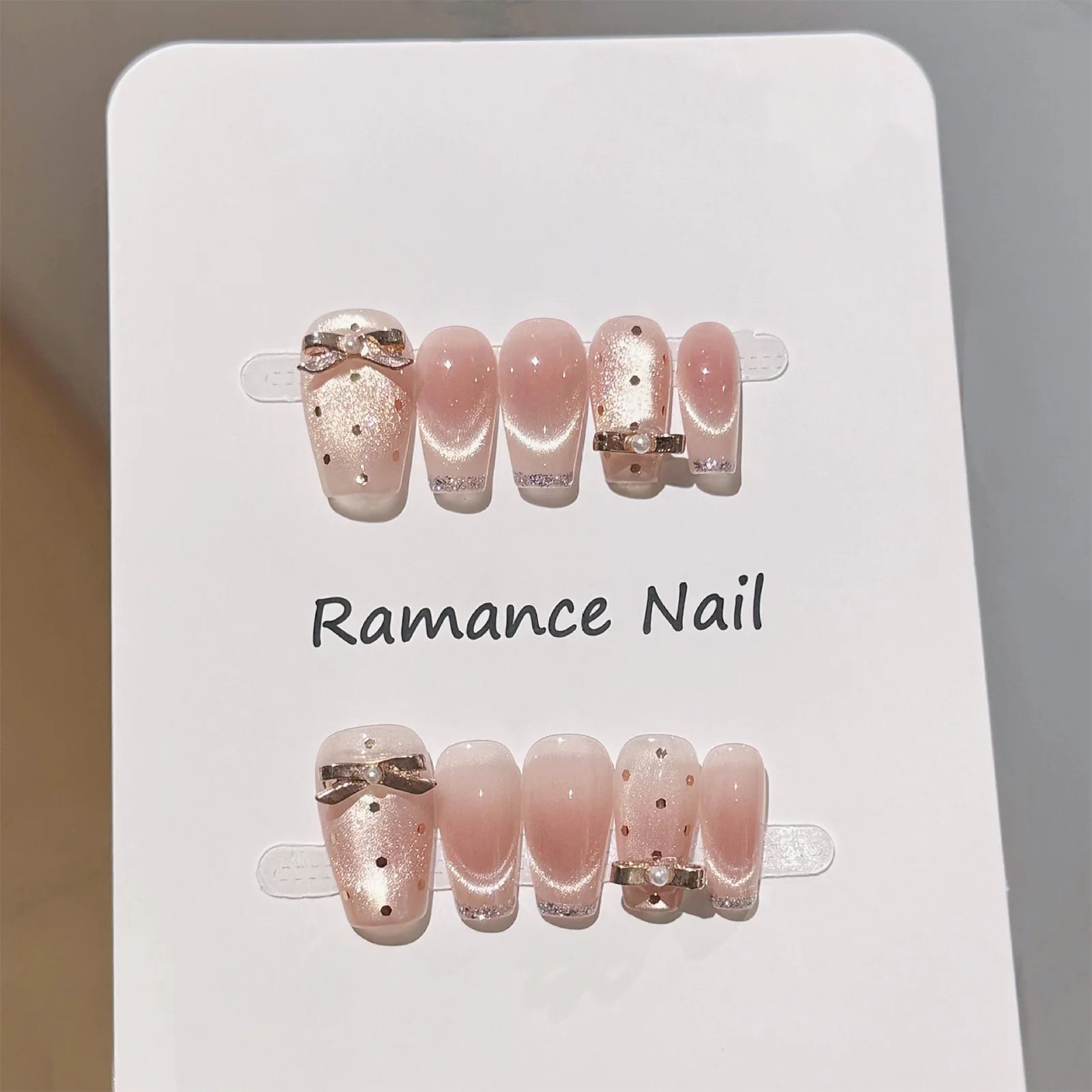 10PCS Handmade Cat's Eye Fake Nails Wearable Glitter French Tip Press on Nails 3D Metal Bow Decor Ballet False Nails Detachable Peaceful Pleasures Health and Wellness