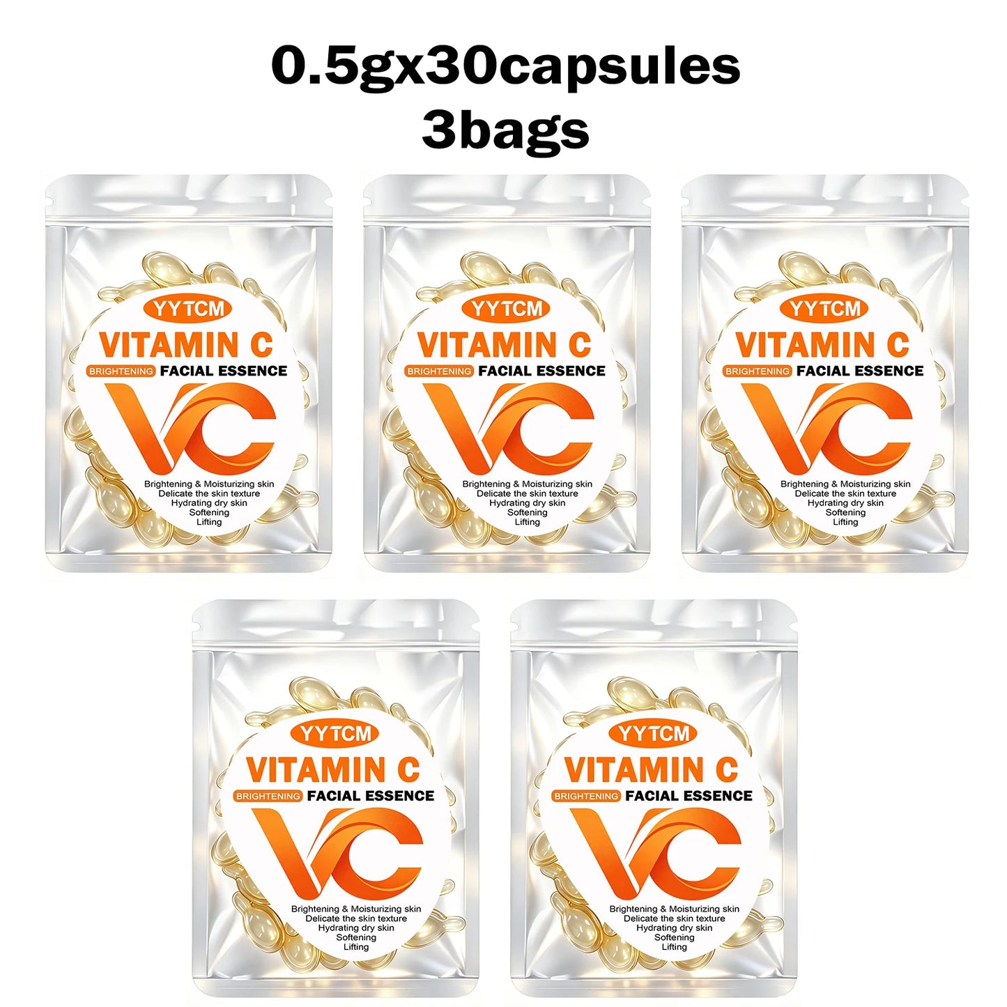 Vitamin C Facial Serum, Moisturizing and Brightening, Firming the Skin, Contains Vitamin E, Retinol, Hyaluronic Acid, Facial Skin Care Serum, 18 Capsules/30 Capsules/60 Capsules/90 Capsules/150 Capsules/300 Capsules Peaceful Pleasures Health and Wellness 5 Bags 30 Capsules