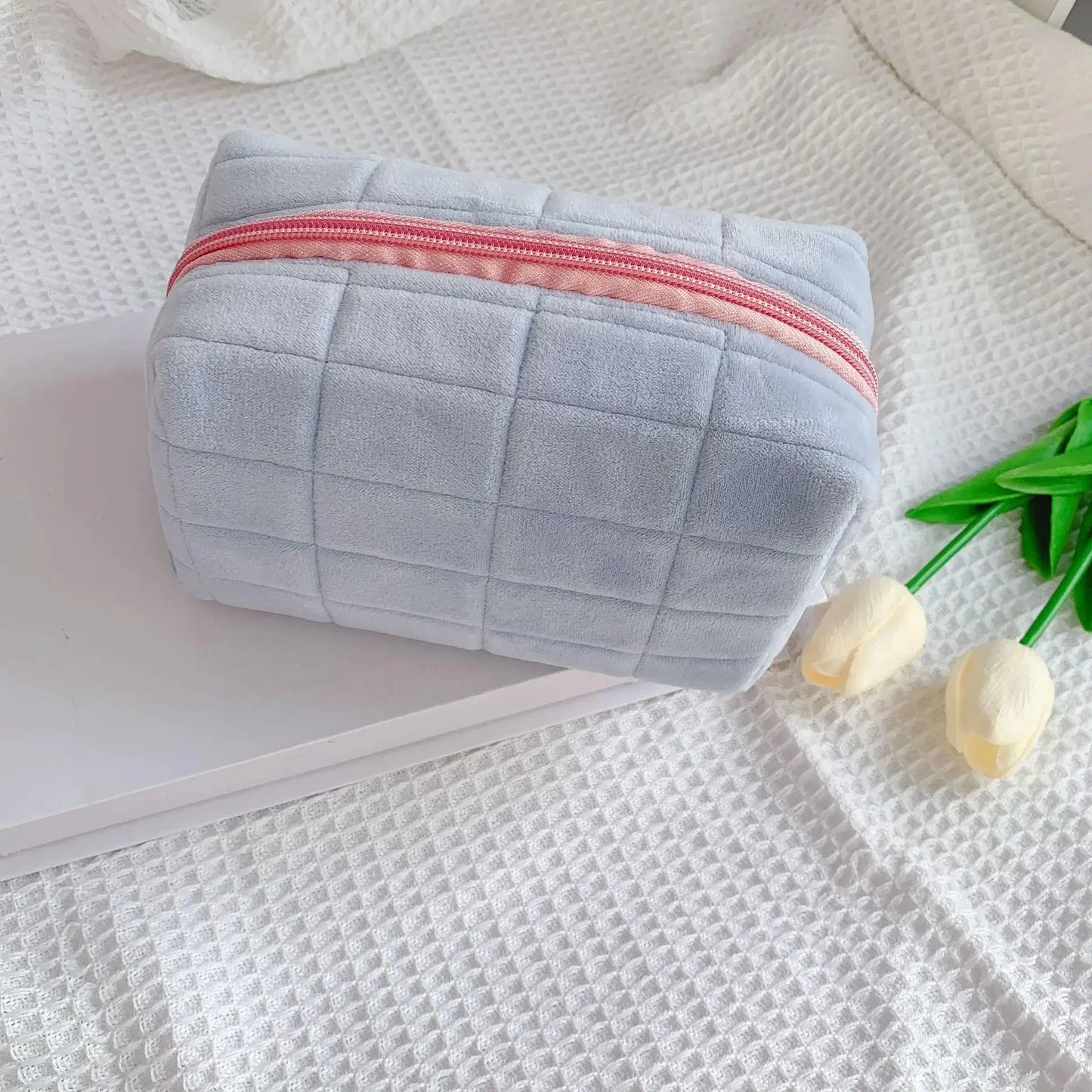 Large Solid Fur Cosmetic Storage Bag Women Zipper Makeup Organizer Handbag Stationery Pencil Case Travel Make Up Toiletry Punch Peaceful Pleasures Health and Wellness Cream blue