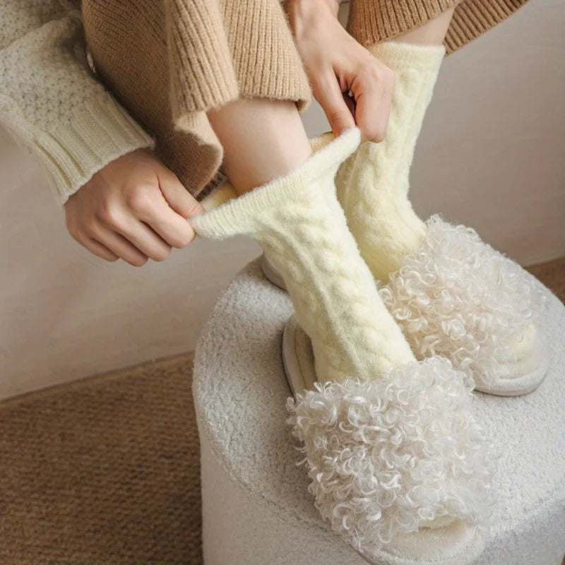 New Soft and Fluffy Fluffy Socks Autumn Winter Thicken and Thickened Macaron Color Mid Calf Sock for Cold Protection Solid Color Peaceful Pleasures Health and Wellness