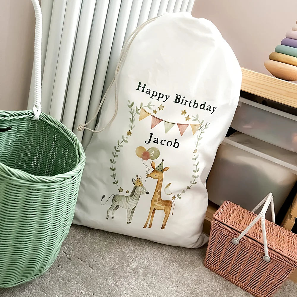 Personalised Safari Jungle Animals Large Drawstring Gift Bag