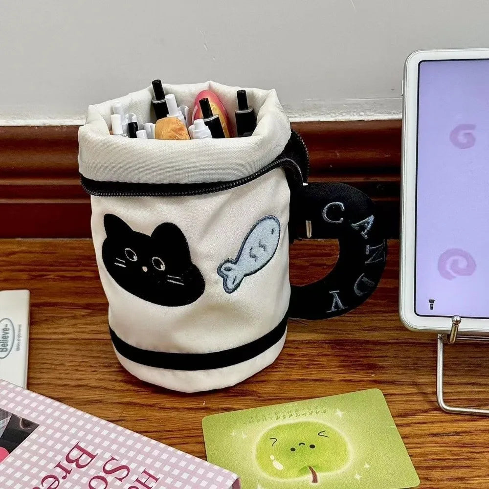 Desktop Storage Cartoon Cat Stationery Bag Korean Style Large Capacity Handheld Pen Container Fruit Water Cup Shape Peaceful Pleasures Health and Wellness