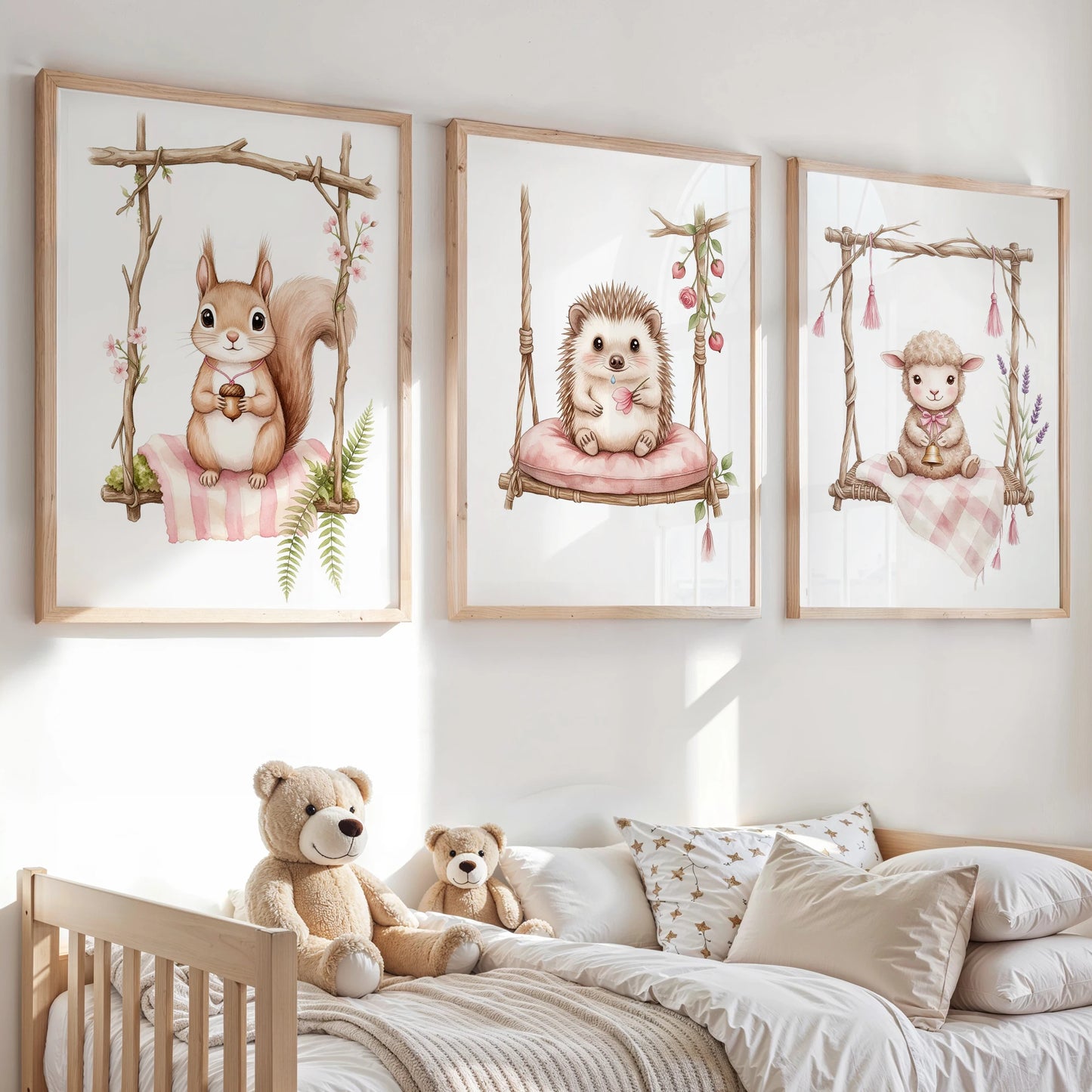 Cartoon Animals Pink Swing Watercolor Canvas Wall Art Kids Room