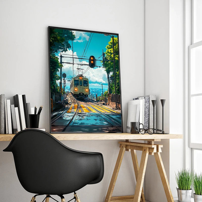 Japanese Anime Landscape Canvas Print | Tram Train Ocean Wall Art Canvas Wall Art Print Peaceful Pleasures Health and Wellness