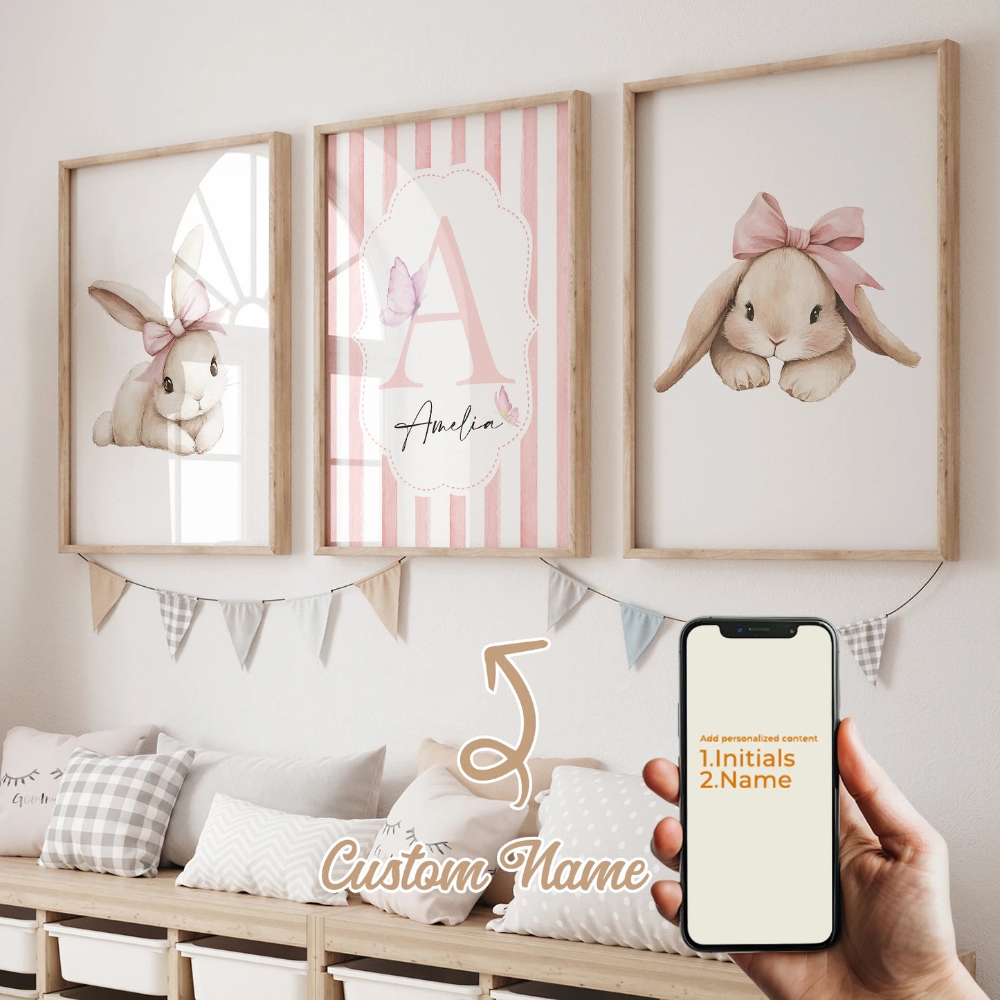 3-Piece Personalized Bow Rabbit Canvas Wall Art | Kids Room