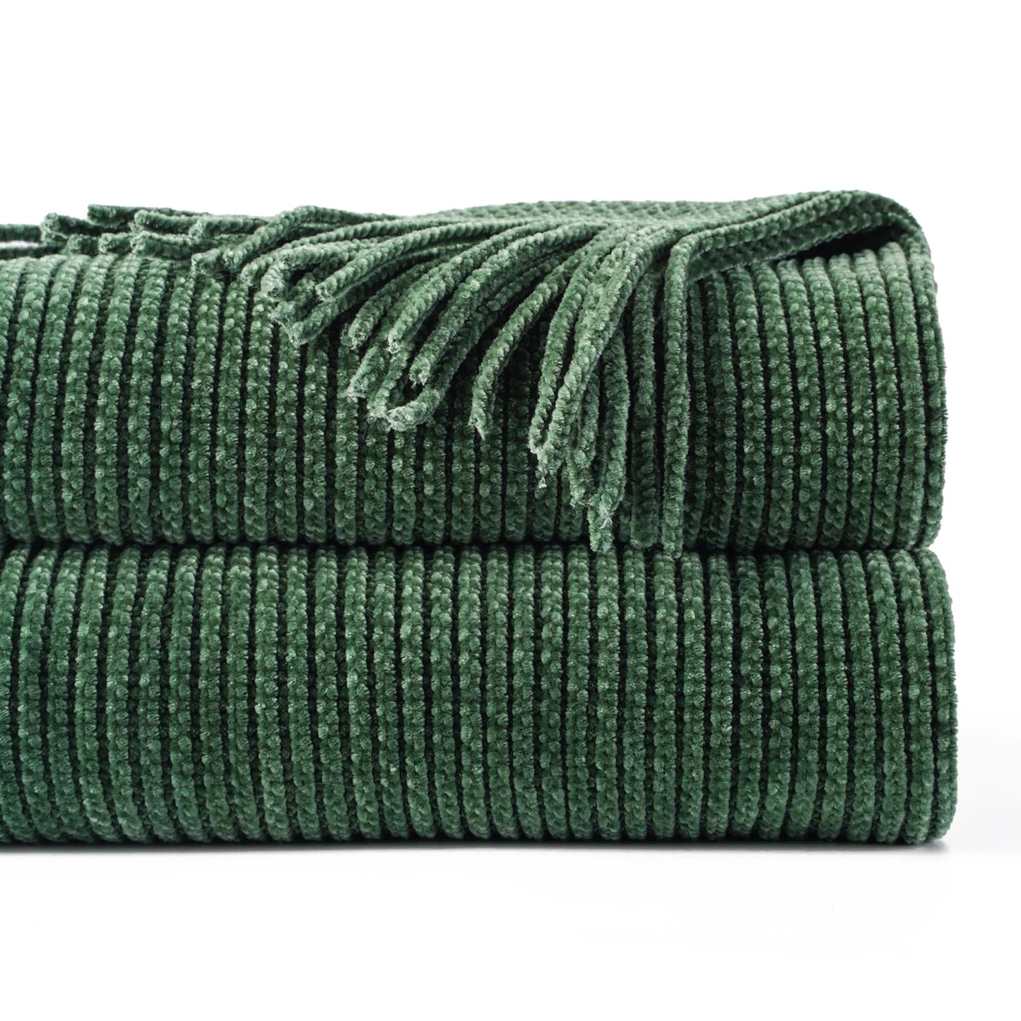 Battilo Green Plaid Chenille Knit Throw Blanket with Tassels
