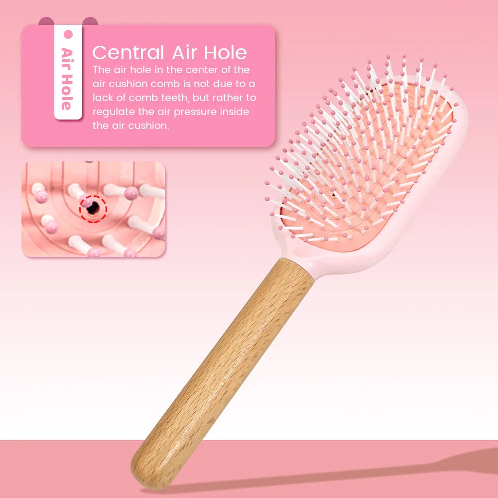 Pastel Air Cushion Hair Brush – Oak Wood Handle & Soft Bristles
