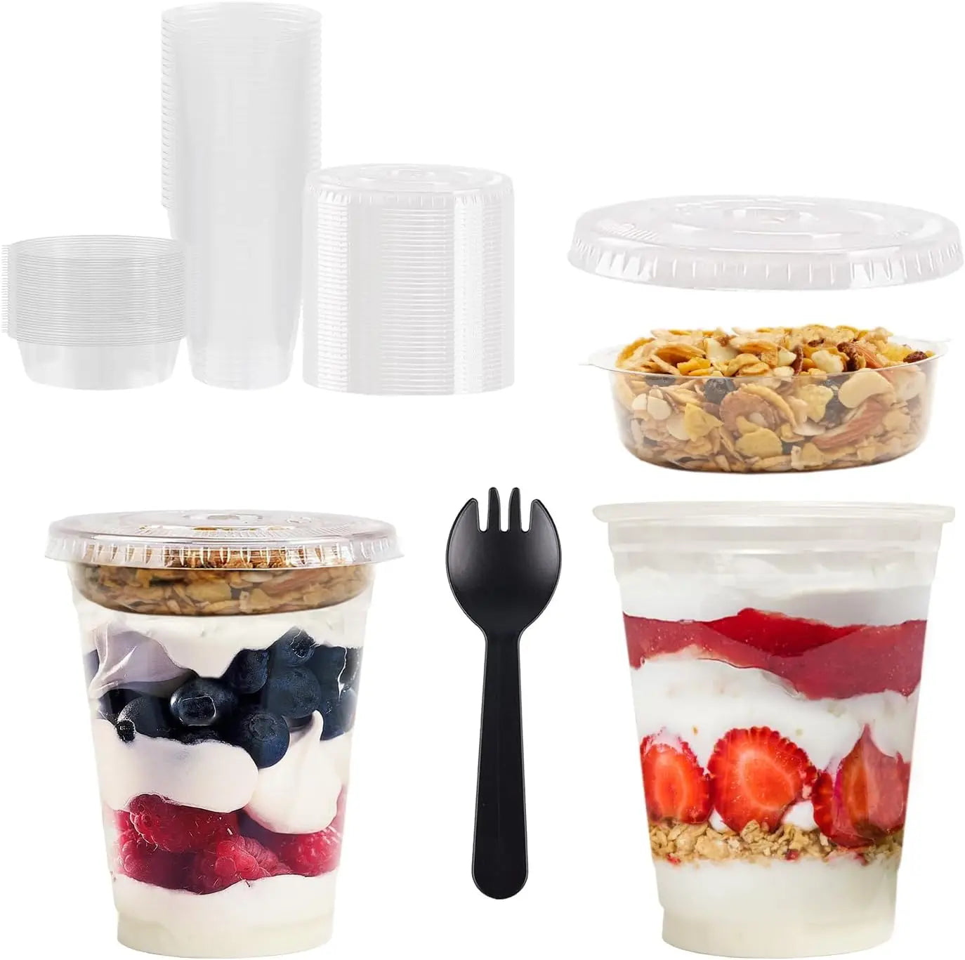 12OZ Clear Cups Disposable Party Cups Parfait Crystal for Pudding Ice Cream Cupcake Iced Coffee Smoothie Juice Soda Cocktail Peaceful Pleasures Health and Wellness Insort Spork Flat 100pcs