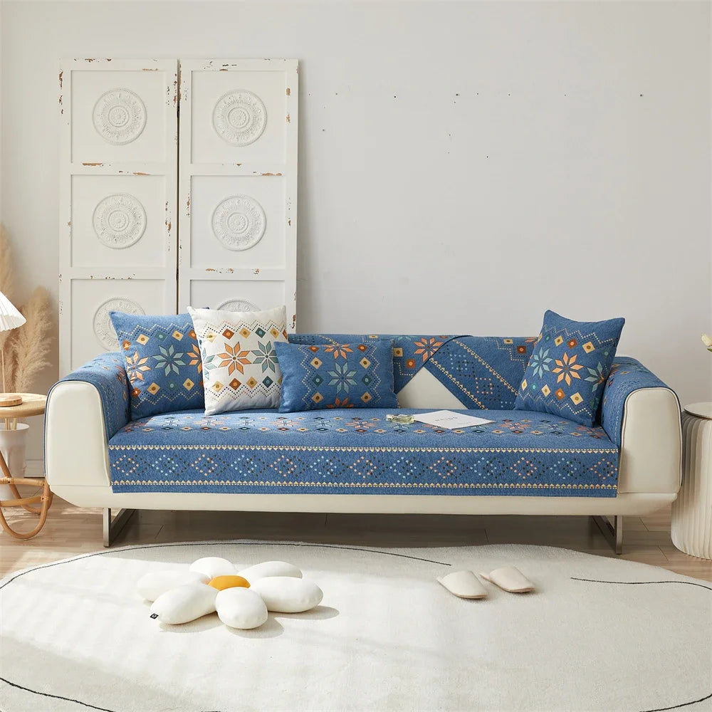 Boho Chenille Couch Sofa Covers Geometric Decor for Sofa Seater Non Slip Sectional l Shaped Furniture Protector for Home Room Peaceful Pleasures Health and Wellness Blue 1pc 90x160CM