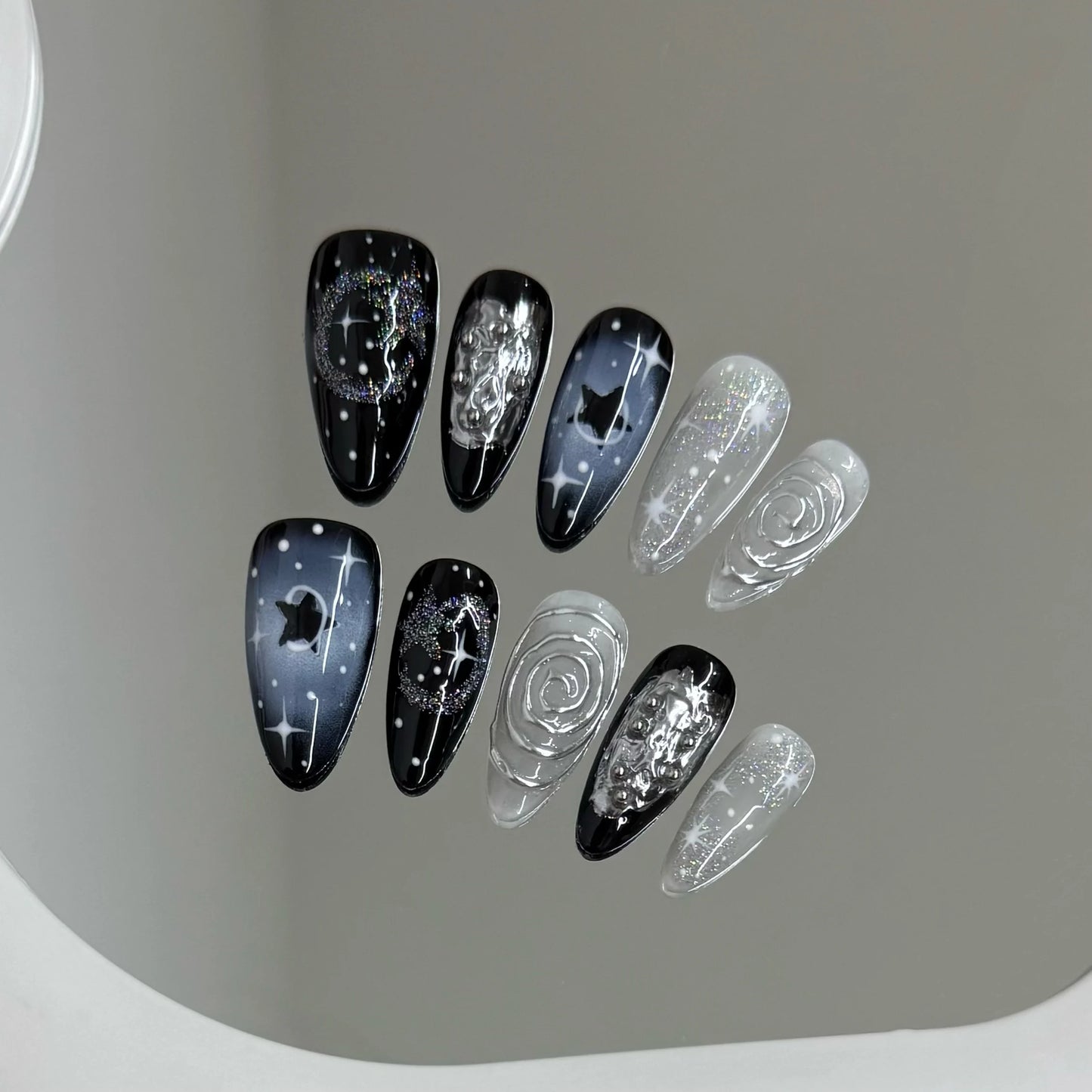 10pcs Handmade Press on Nails Y2k Starry Night Sky Almond Fake Nail Tips Detachable Wearable Sweet Cool False Nails for Girls Peaceful Pleasures Health and Wellness