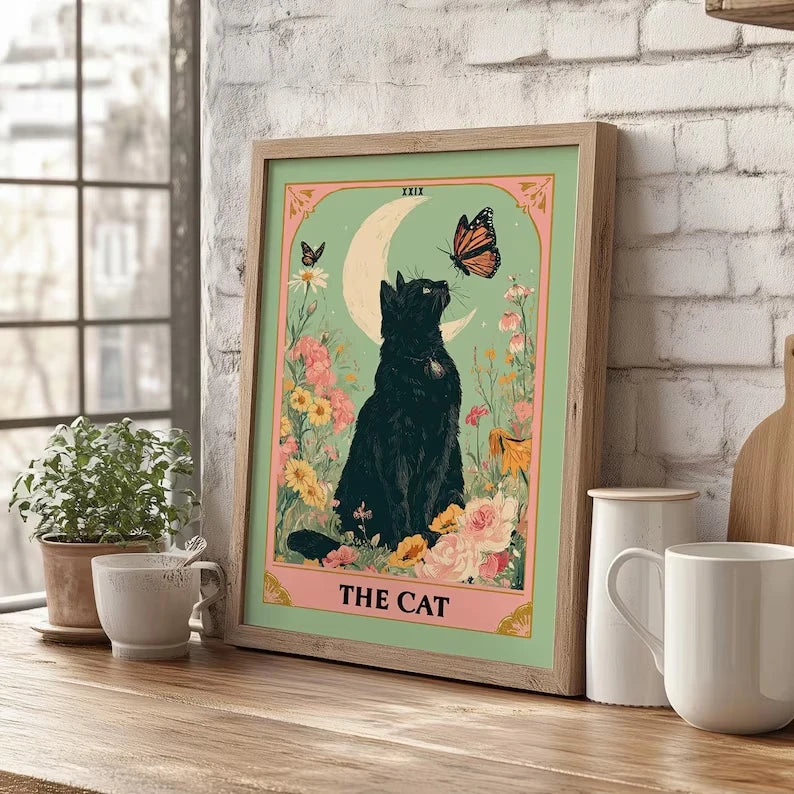 Tarot Black Cat Moon Floral Canvas Wall Art Print Poster