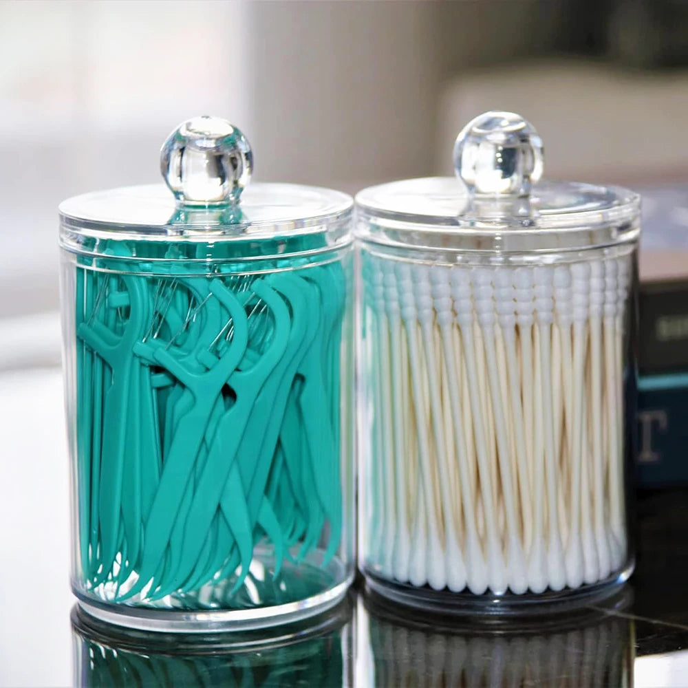 Q-tip Holder Storage Canister with Lid – 2-Pack Clear Apothecary Jar Organizer for Cotton Balls, Swabs & Floss