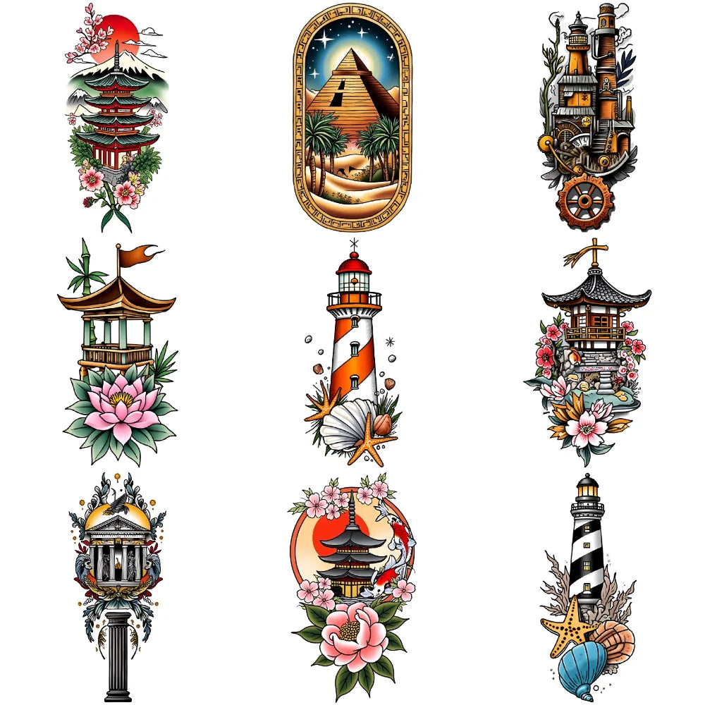 9-Pack Temporary Tattoo Stickers – Lighthouse, Flowers & Church