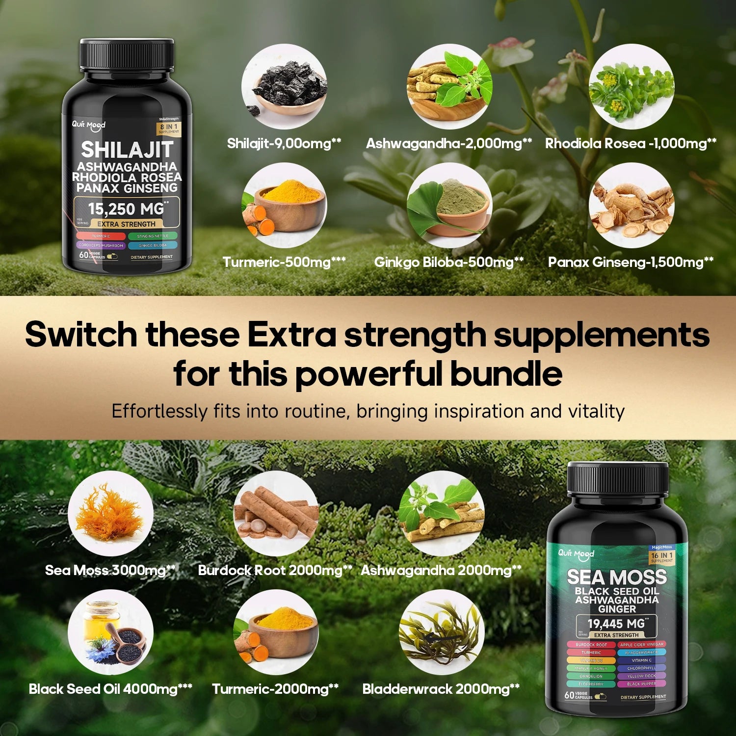 Quitmood Sea Moss Shilajit Energy Bundle for Man & Women, with Black Seed Oil, Ashwagandha, Ginger, Burdock Root, Turmeric Peaceful Pleasures Health and Wellness