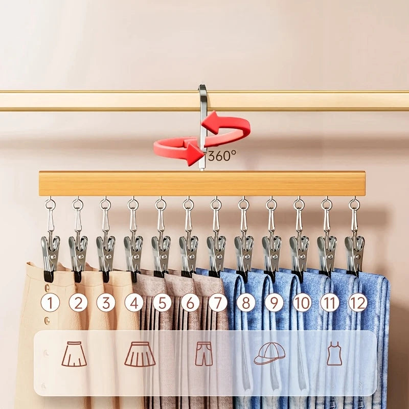 12-Clip Wooden Hat Organizer | Closet Hanger for Caps & Towels