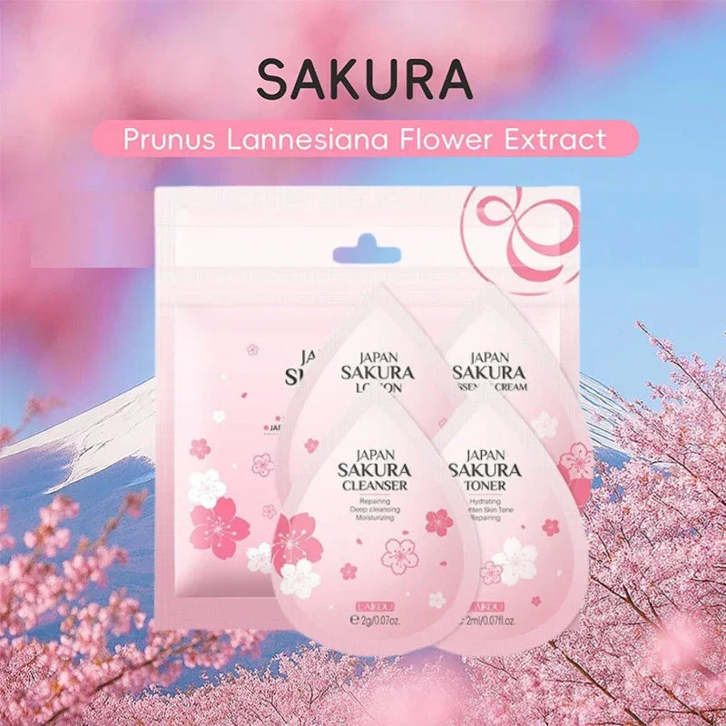 Japan Sakura 4pcs Travel Size Skin Care Kit, Brightening Moisturizing Anti-Oxidation, Portable Complete Facial Care For Women Peaceful Pleasures Health and Wellness