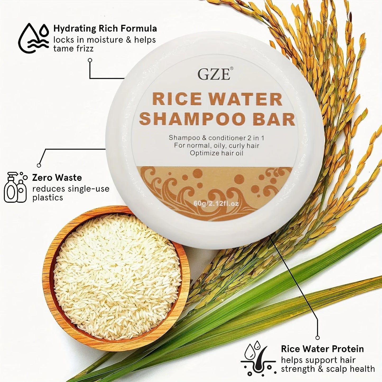 GZE Rice Water Shampoo Bar & Solid Conditioner for Dry Hair