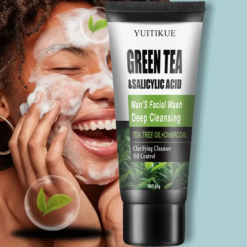 YUITIKUE Men's Facial Wash 60g - Green Tea & Salicylic Acid, Deep Cleansing, Oil Control, Tea Tree & Charcoal, For Men Peaceful Pleasures Health and Wellness