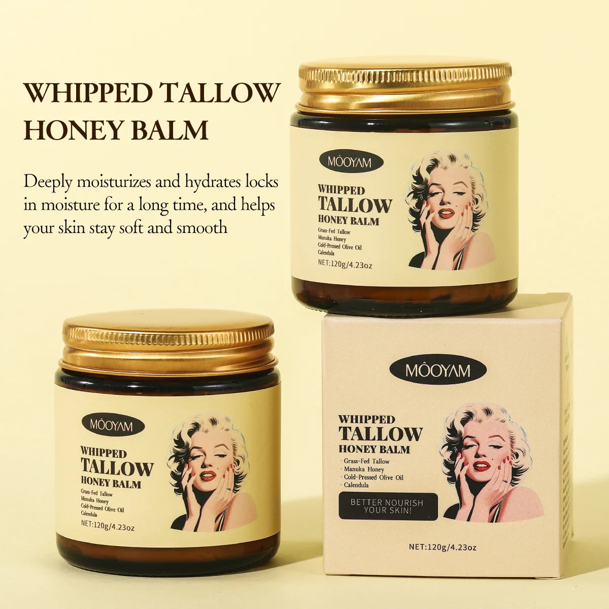 120g Whipped Beef Tallow And Honey Balm Beef Tallow Face Moisturizer Face & Body Skin Care Grass Fed Grass Finished Face Cream Peaceful Pleasures Health and Wellness