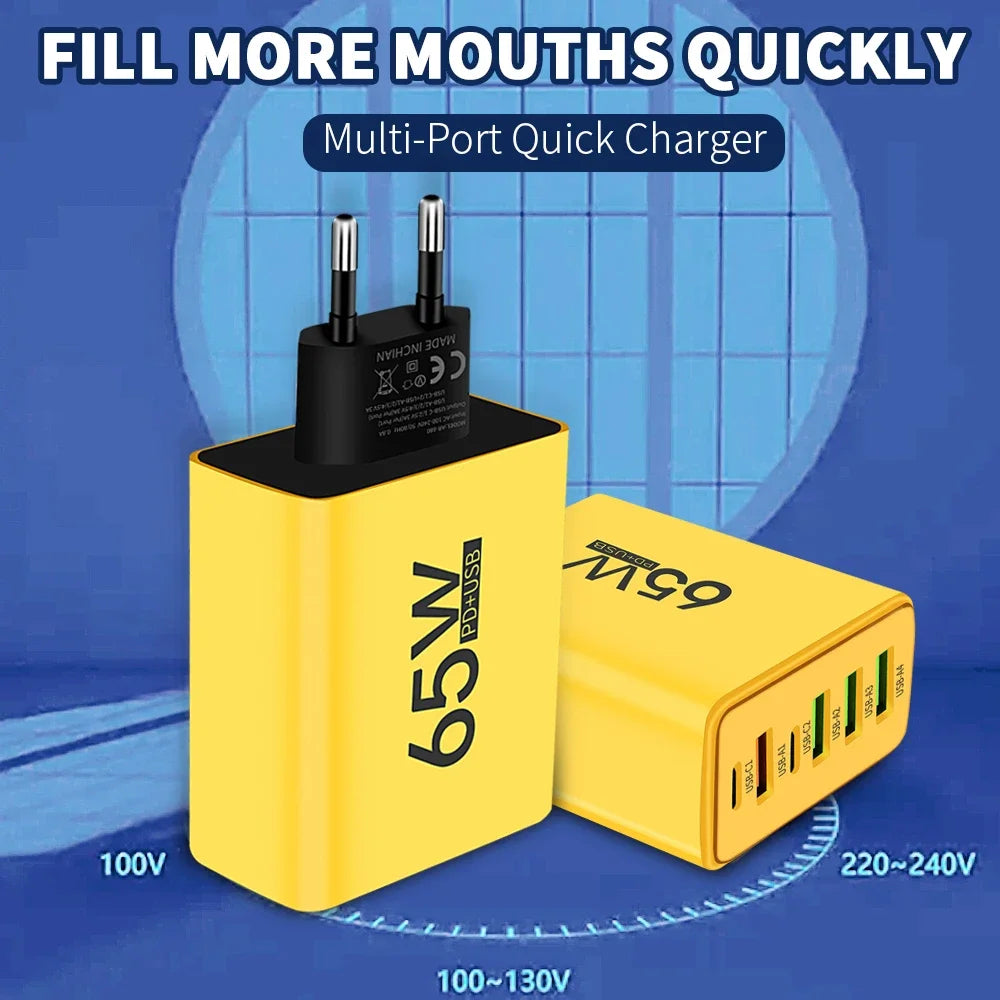 65W 6-Port USB-C Fast Charger | QC 3.0 & PD Multi-Device