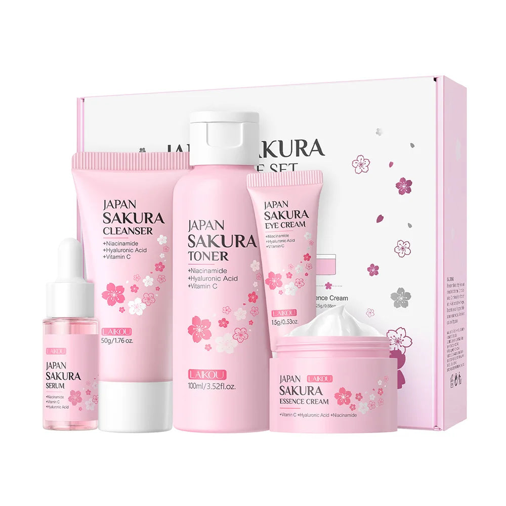 LAIKOU Sakura 5pcs Skin Care Kit Cleanser Toner Serum Eye Cream Essence Cream Moisturizing Beauty Gift Box For Women ﻿ Peaceful Pleasures Health and Wellness