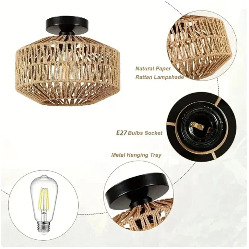 Rattan Ceiling Lamp E27 LED Lights Hand Woven Bedroom Hanging Lamps For Ceiling Light Modern Home Decoration Light Fixture Peaceful Pleasures Health and Wellness