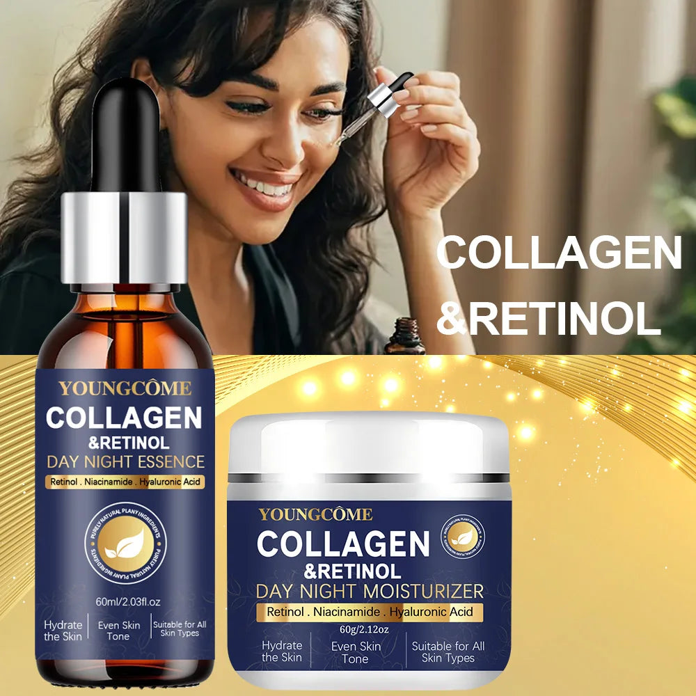 Collagen Retinol + Stem Cell Day Night Moisturizer & Serum Set - Hydrating Firming Skin Care with Niacinamide Hyaluronic Acid Peaceful Pleasures Health and Wellness