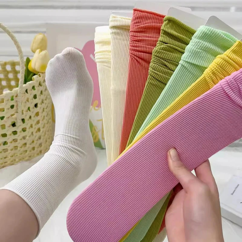 Women Colorful Loose No Pilling Socks Knitting Rib Ice Thin Spring Summer Female Socks High Tube Streetwear College Style Sock Peaceful Pleasures Health and Wellness