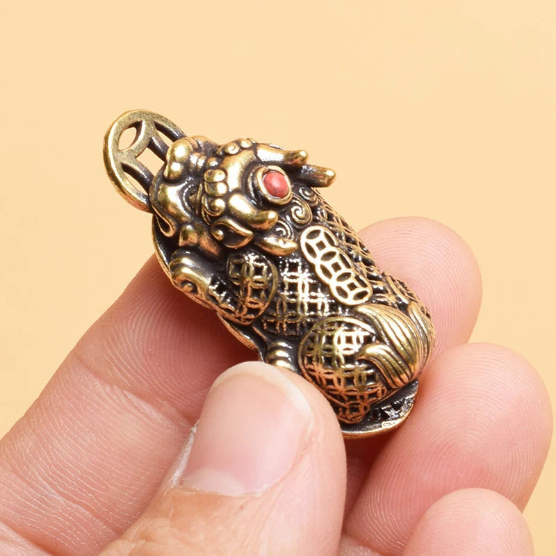 Mini Brass Pixiu Statue Coin Charm | Chinese Lucky Figurine