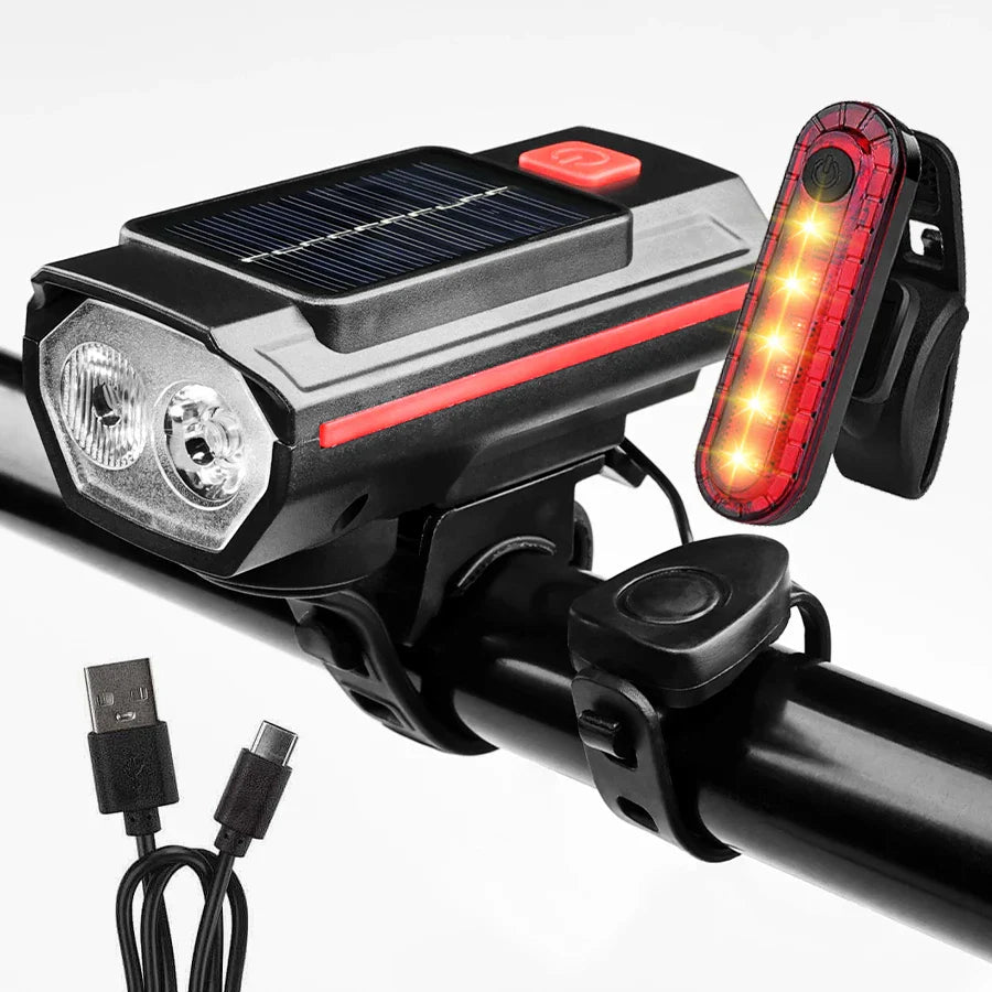 Solar Bike Light with Horn 120dB | USB-C Fast Charge | MTB & Road