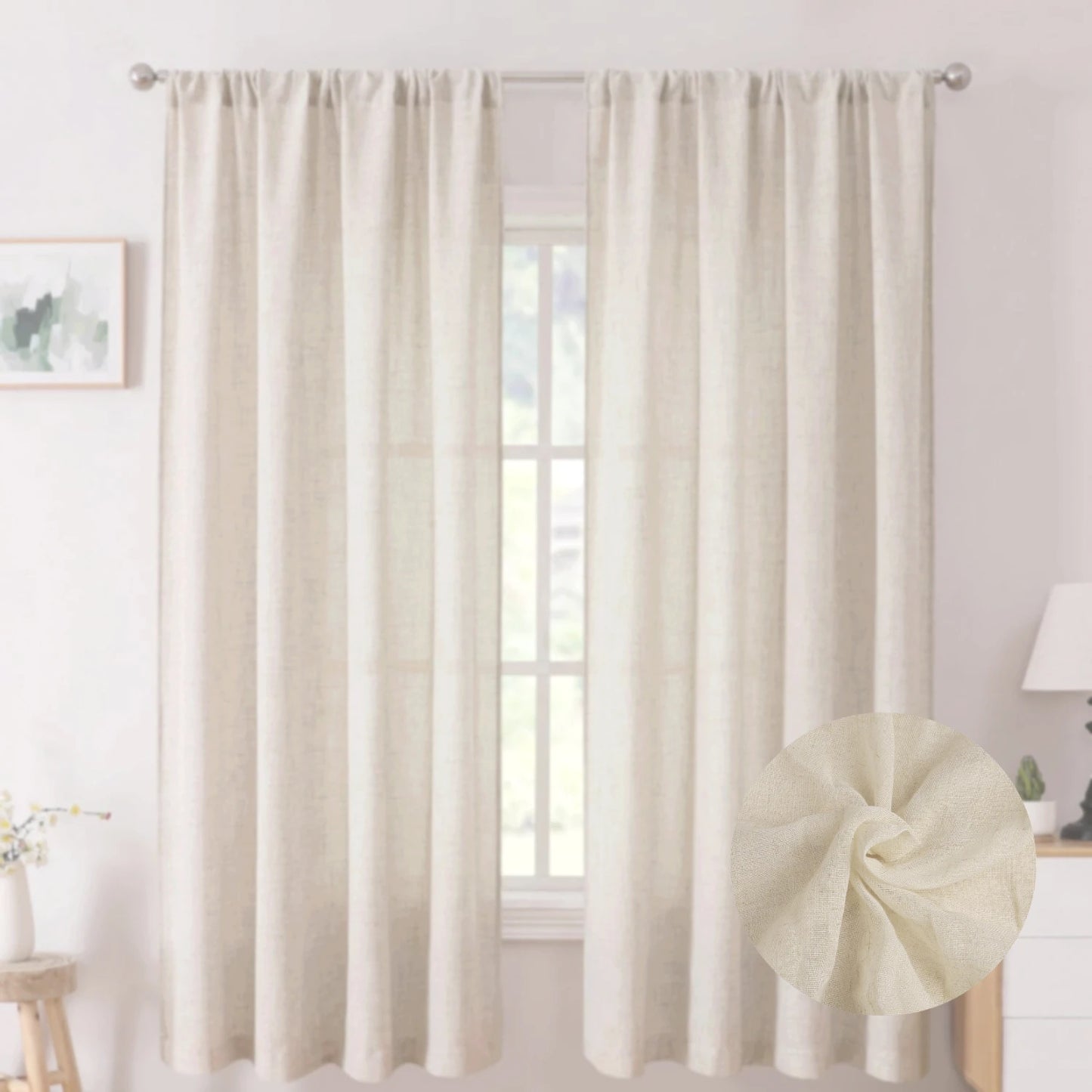 Linen Curtains 160cm/240cm Length for Living Room Bedroom Rod Pocket Light Filtering Semi Window Curtain Boho Farmhouse Drapes Peaceful Pleasures Health and Wellness