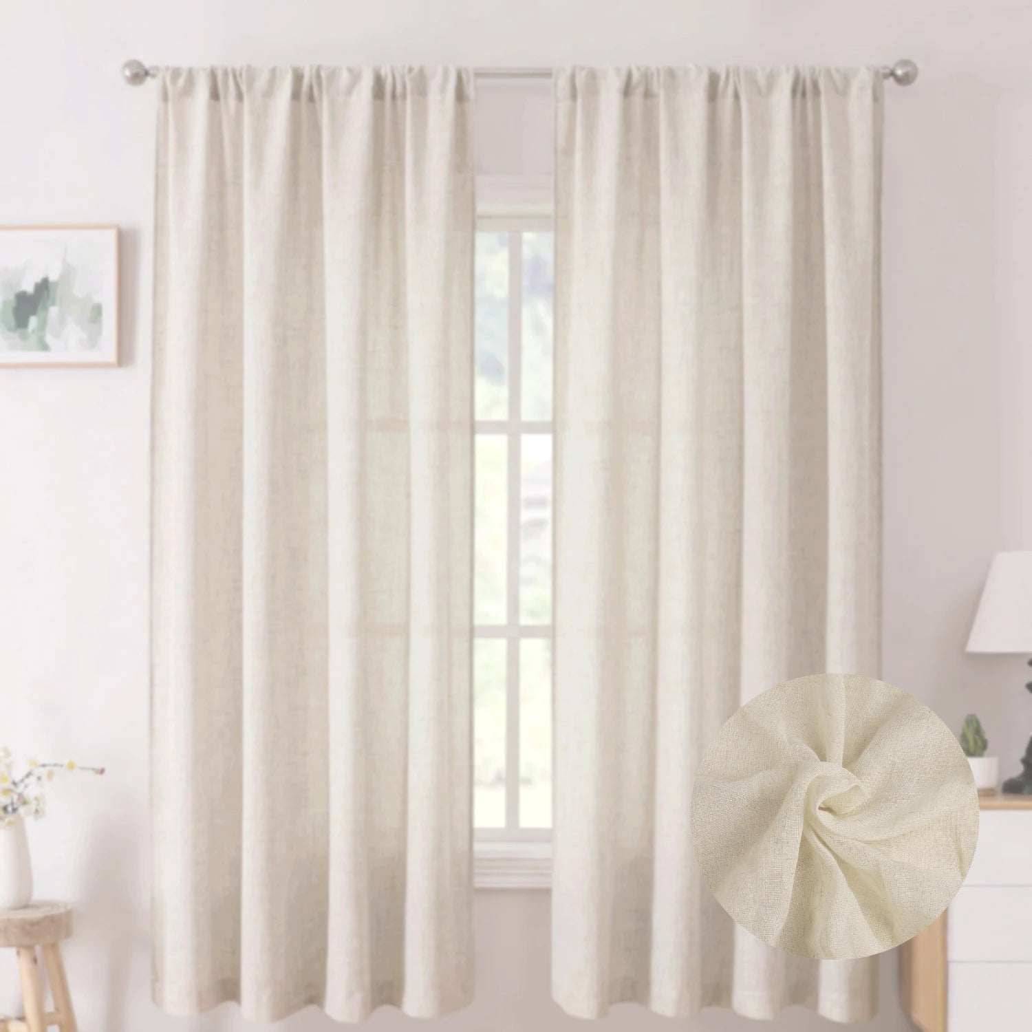 Linen Curtains 160cm/240cm Length for Living Room Bedroom Rod Pocket Light Filtering Semi Window Curtain Boho Farmhouse Drapes Peaceful Pleasures Health and Wellness