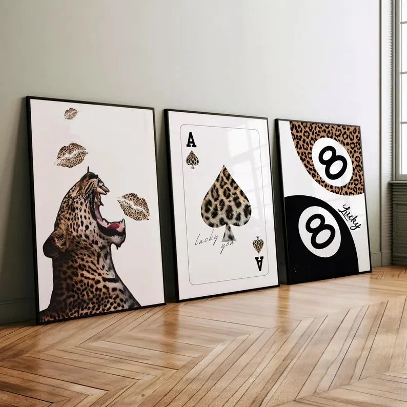 Leopard Print 8 Ball Canvas Wall Art | Black & White Poster