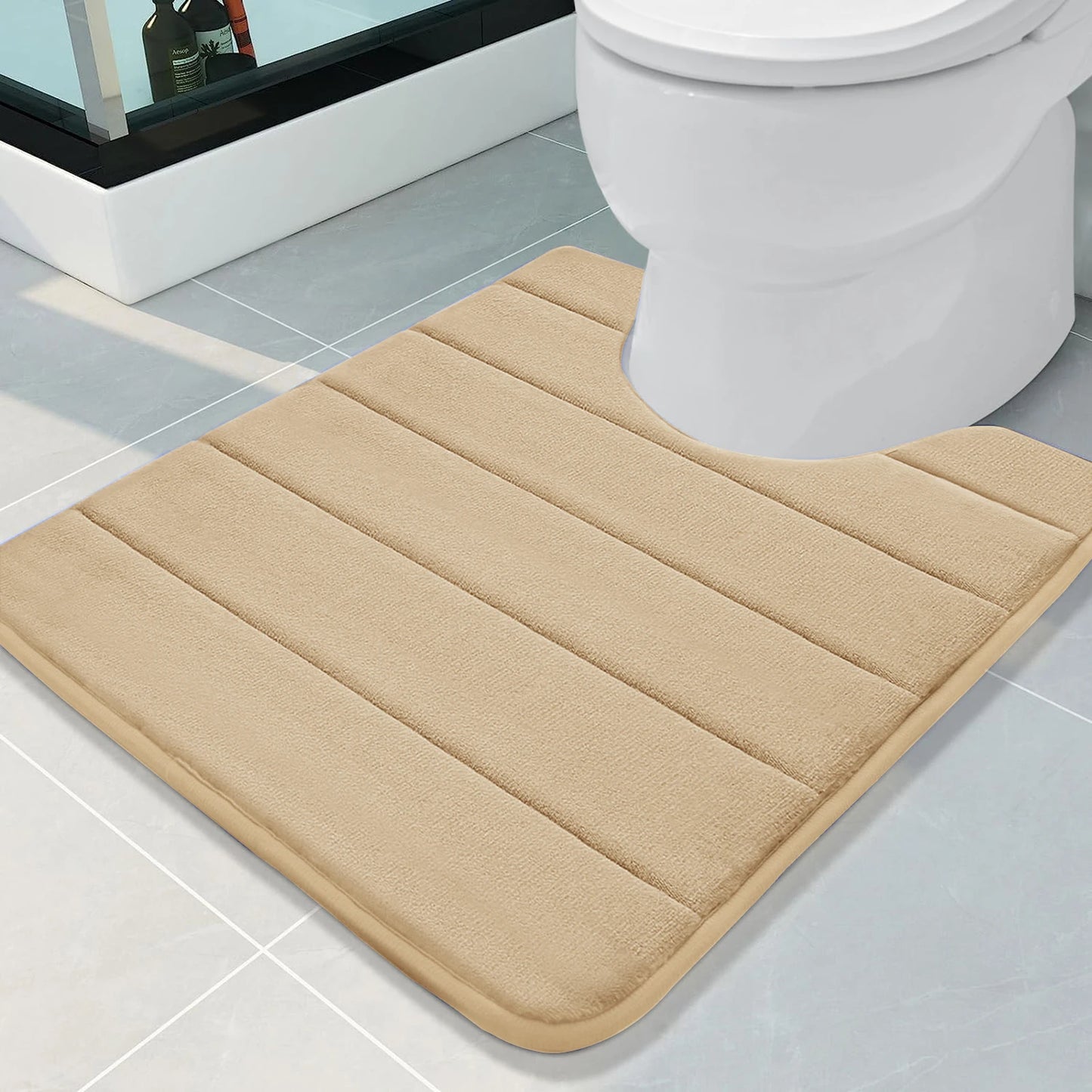 U-Shape Bathroom Mat 50x60CM Ultra Absorbent Memory Foam Bath Mat Non-Slip Toilet Mat for Bathroom Floor Home Decoration Peaceful Pleasures Health and Wellness Khaki 500MMx600MM