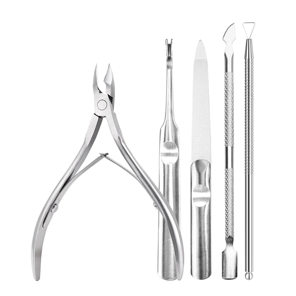 TWOING Professional Stainless Steel Nail Cutter Scissor Nippers Function Cuticle Pusher Remover Manicure Nail Art Care Tool Kit Peaceful Pleasures Health and Wellness 5-piece set