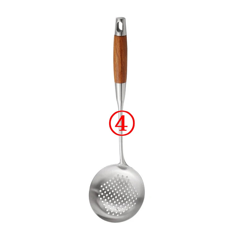 Rosewood Handle Stainless Steel Cookware Set Kitchen Durable Wok Spatula Colander Shovel Cooking Utensil Kitchenware Accessories