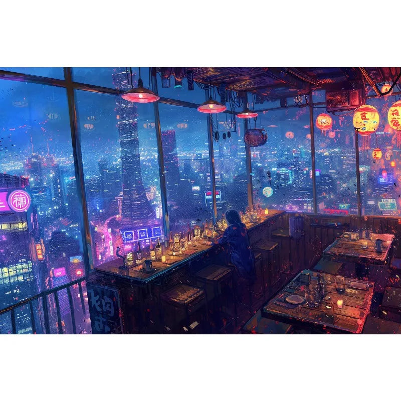 1pc frameless Cyberpunk Night City Landscape Poster Future Neon Lights Bar Design Canvas Wall Art for Living Room Home Decor Peaceful Pleasures Health and Wellness 12 40x60cm Unframed