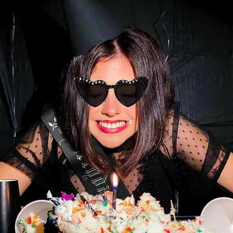 Birthday Ghoul Black Heart Sunglasses & Sash Set | Goth Party