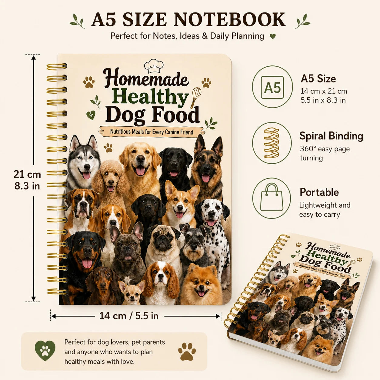 Homemade Dog Food Recipe Book A5 Spiral Notebook Multi Breed Feeding