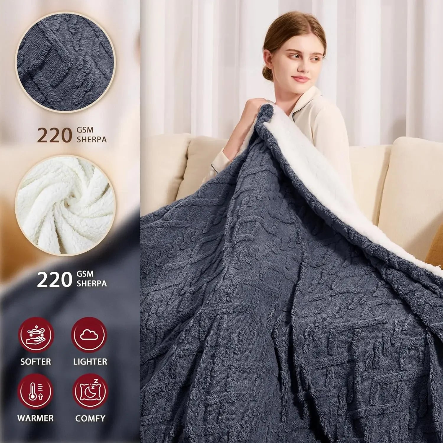 Queen Size Electric Heated Blanket with 10 Heat Levels, 5 Timer Settings & Overheat Protection - ETL Certified Grey Peaceful Pleasures Health and Wellness