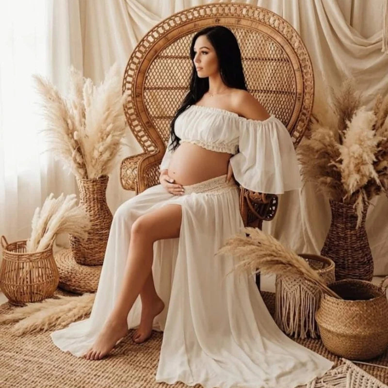Two-Piece Maternity Photoshoot Dress, Off Shoulder Chiffon Crop Top + Flowing Maxi Skirt, Baby Shower Gown for Pregnant Women Peaceful Pleasures Health and Wellness 3XL beige