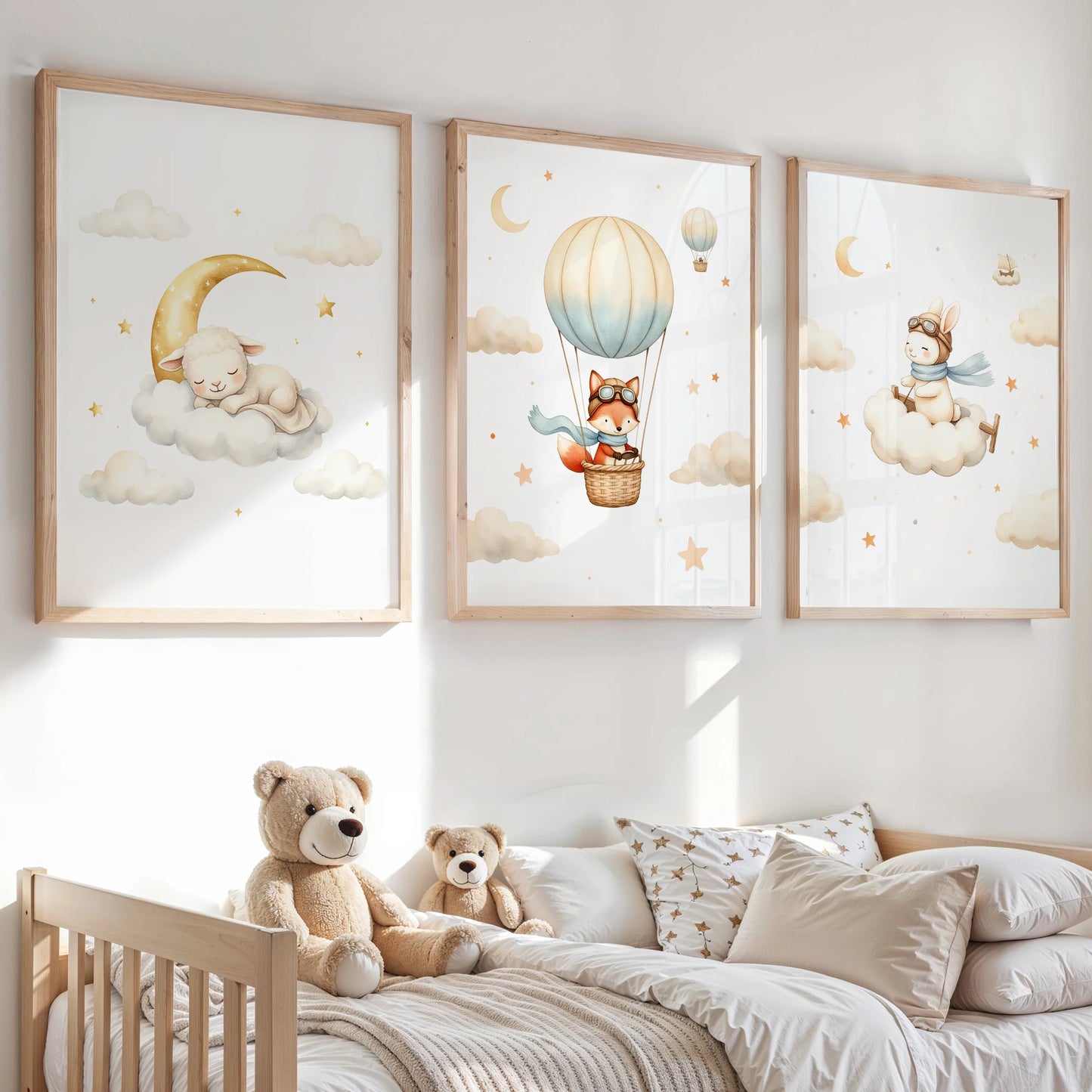 Watercolor Hot Air Balloon Animals Canvas Wall Art | Kids Room