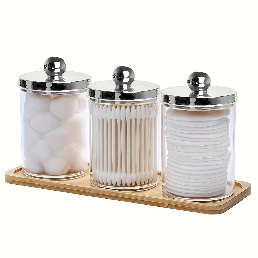 3 Pack Q-tip Holder Bathroom Organizer Set with Storage Tray – Acrylic Cotton Swab, Cotton Round & Cotton Ball Dispenser
