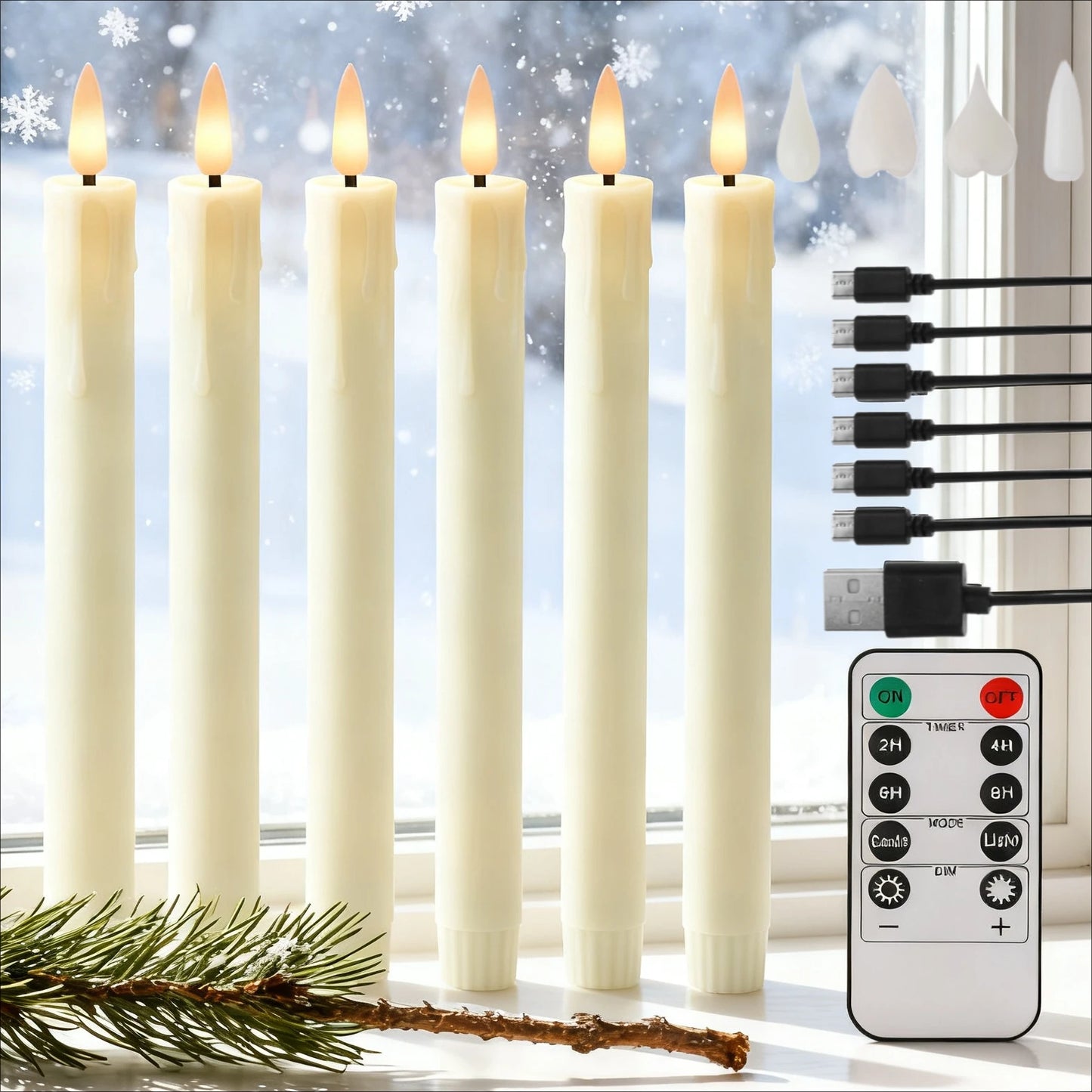 6Pack LED Flameless Taper Candles Lights 3D Wick Battery Christmas Simulation Candles Window Candles Long Electric Candles Lamp Peaceful Pleasures Health and Wellness 245MM 1 6 Pcs