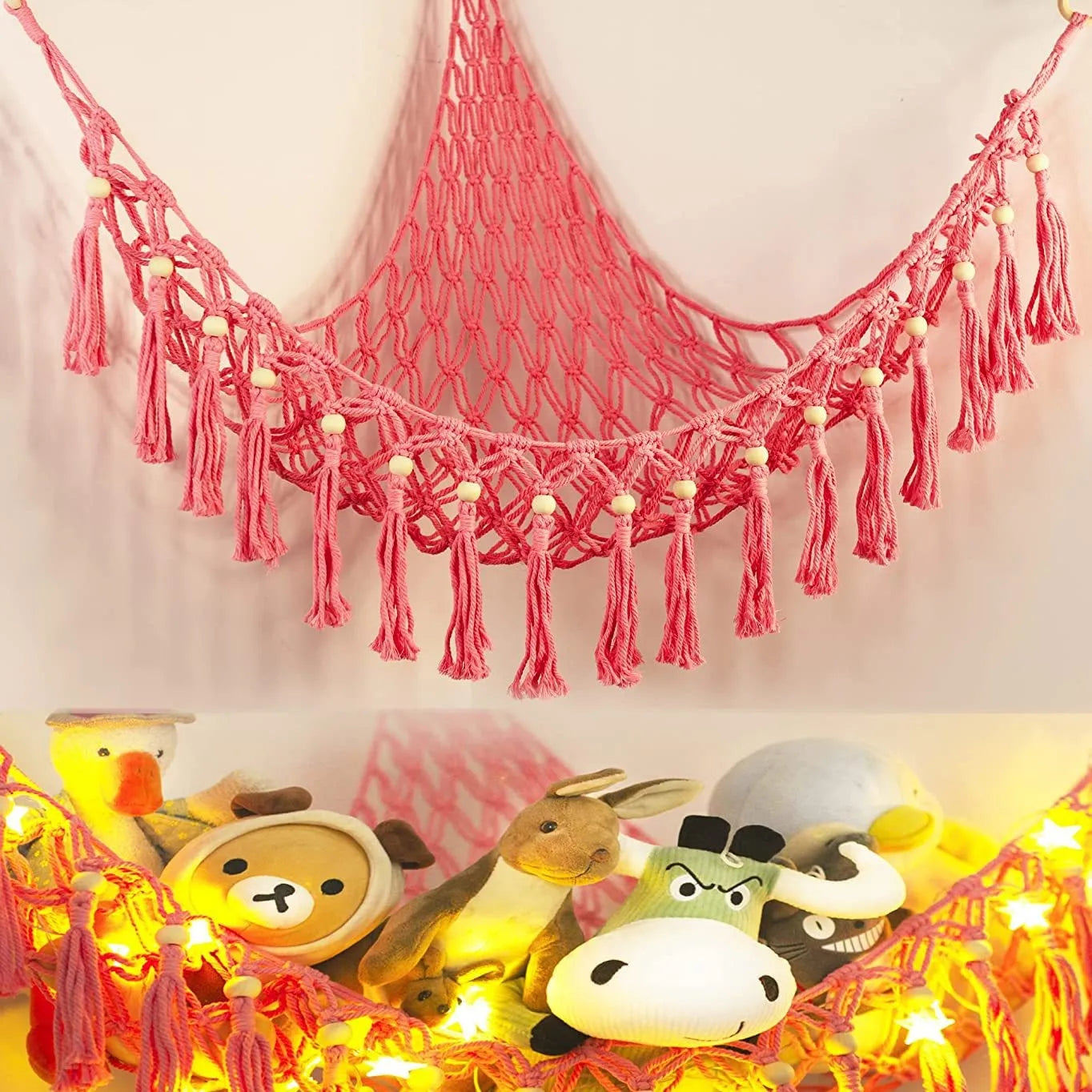 Corner Mounted Toy Storage Net Handwoven Cotton String Triangle Pouch Plush Doll Hammock Kids Room Organizer Peaceful Pleasures Health and Wellness Pink 100x100x120