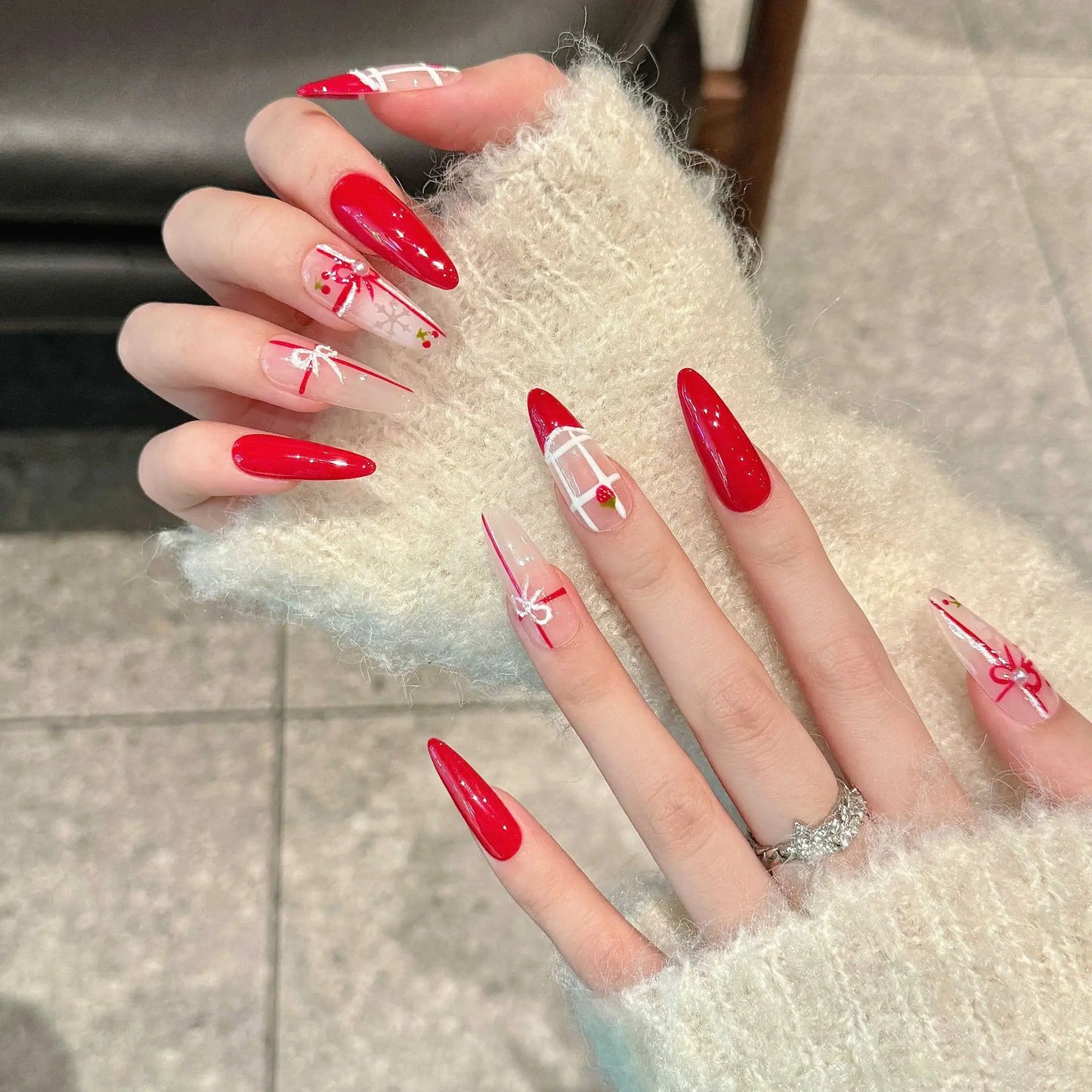 Handmade Long Oval Press on Nails Cherry Strawberry Cute Bow Fake Nails Full Cover Wearable Red Christmas False Nail Patches Peaceful Pleasures Health and Wellness