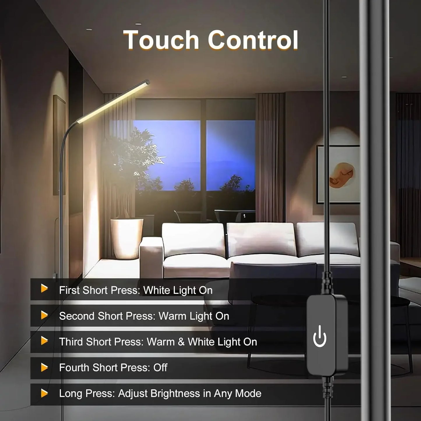 Touch Control Adjustable LED Floor Lamp with Stepless Dimming and Eye-Caring Design for Living Room, Bedroom & Office Peaceful Pleasures Health and Wellness