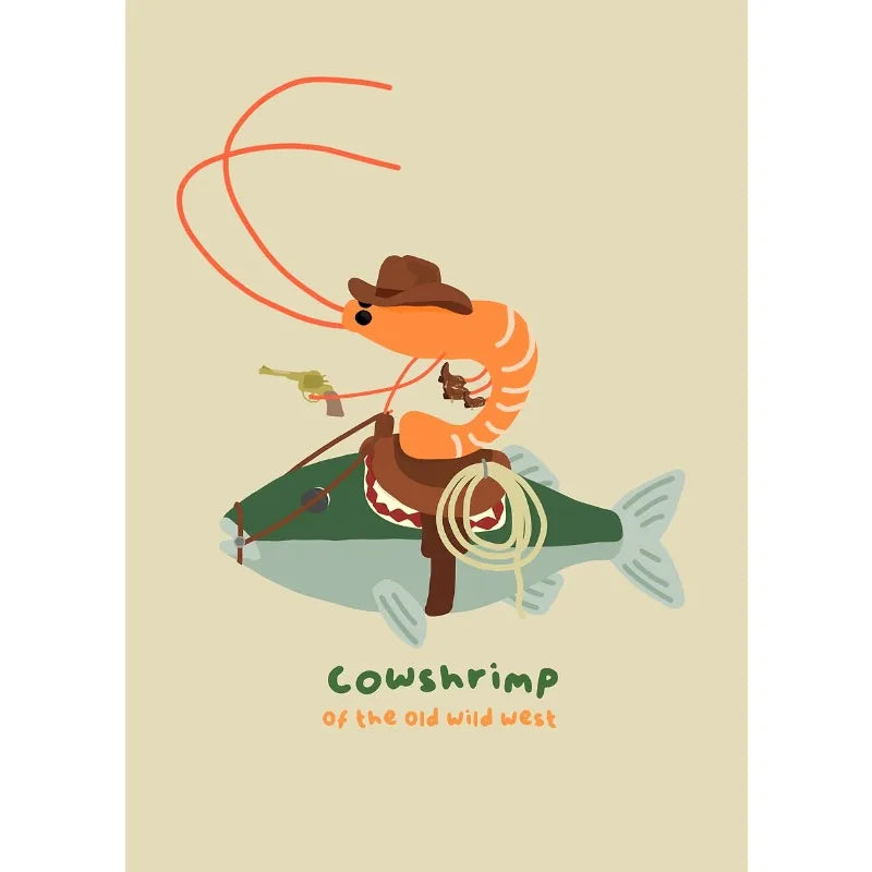 Funny Cowboy Shrimp Cartoon Canvas Wall Art | Kitchen Decor