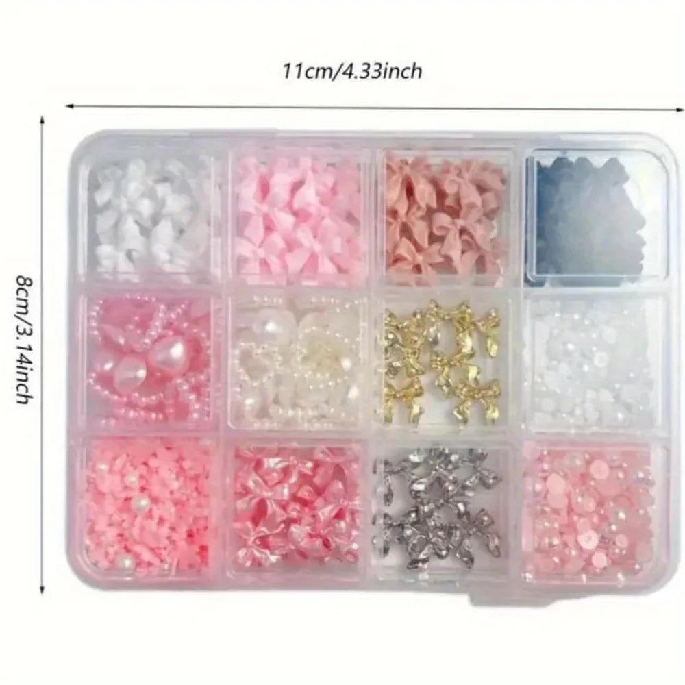 1 Box Multi Ribbon Bow Resin Nail Decoration Mixed Alloy Pearl Love
